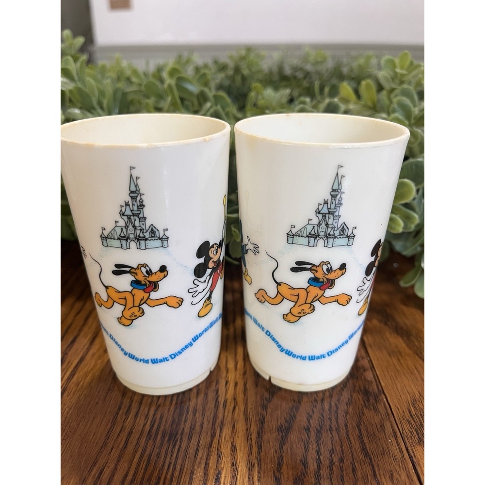 2 Vintage DEKA Walt Disney World Plastic Cup 5" Mickey Goofy Pluto Donald